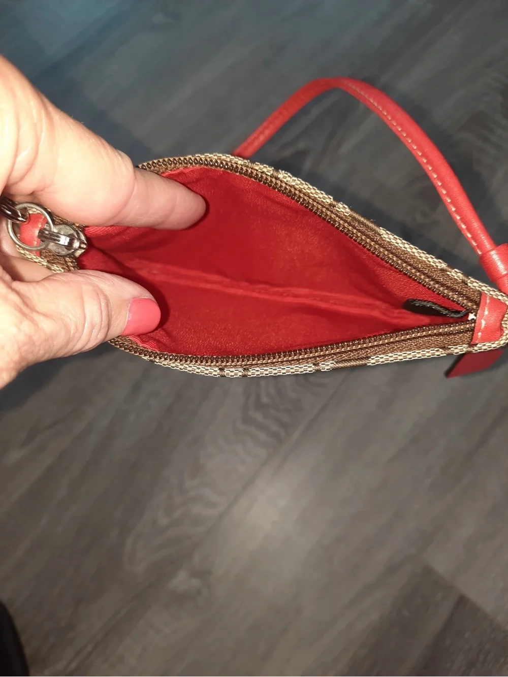 Coach Brown Signature Canvas Wristlet with Red Trim
